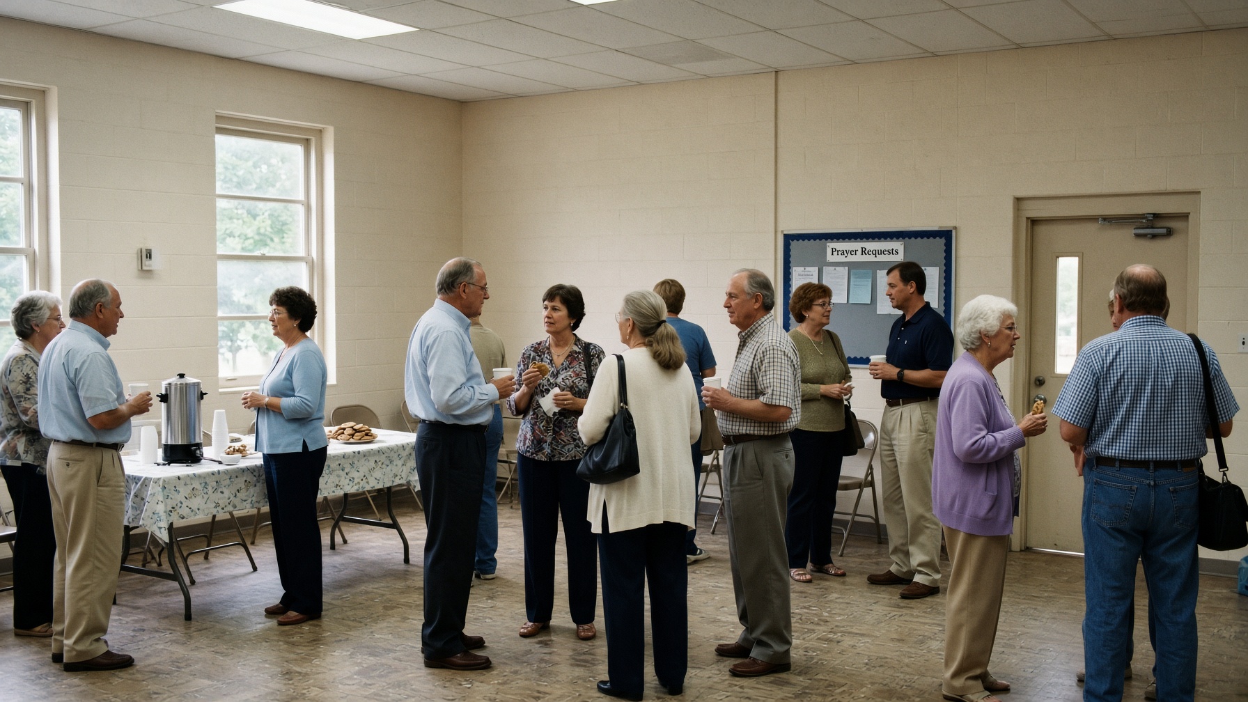 People talking over coffee in the fellowship hall after worship.