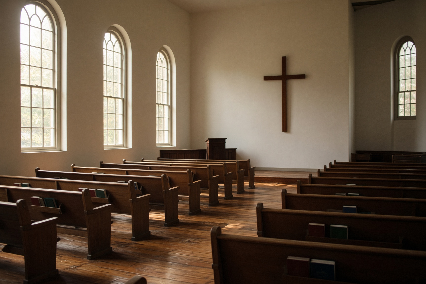 Wooden pews and a simple wooden cross in the sanctuary.